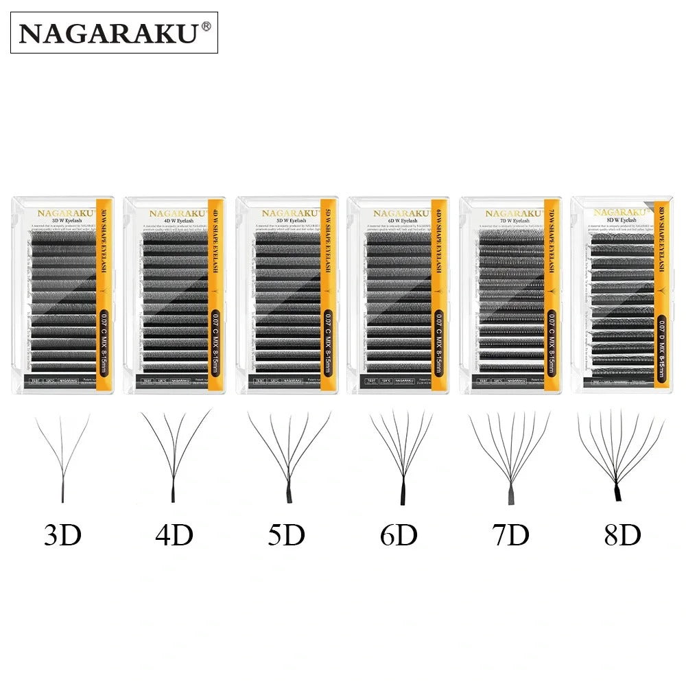 Set of false eyelashes with different density levels labeled from 3D to 8D, branded as Nagaraku.