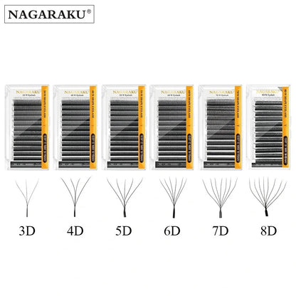 Set of false eyelashes with different density levels labeled from 3D to 8D, branded as Nagaraku.