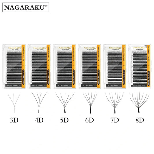 Set of false eyelashes with different density levels labeled from 3D to 8D, branded as Nagaraku.