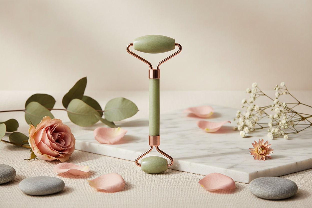 Green facial roller with rose gold accents on a white background