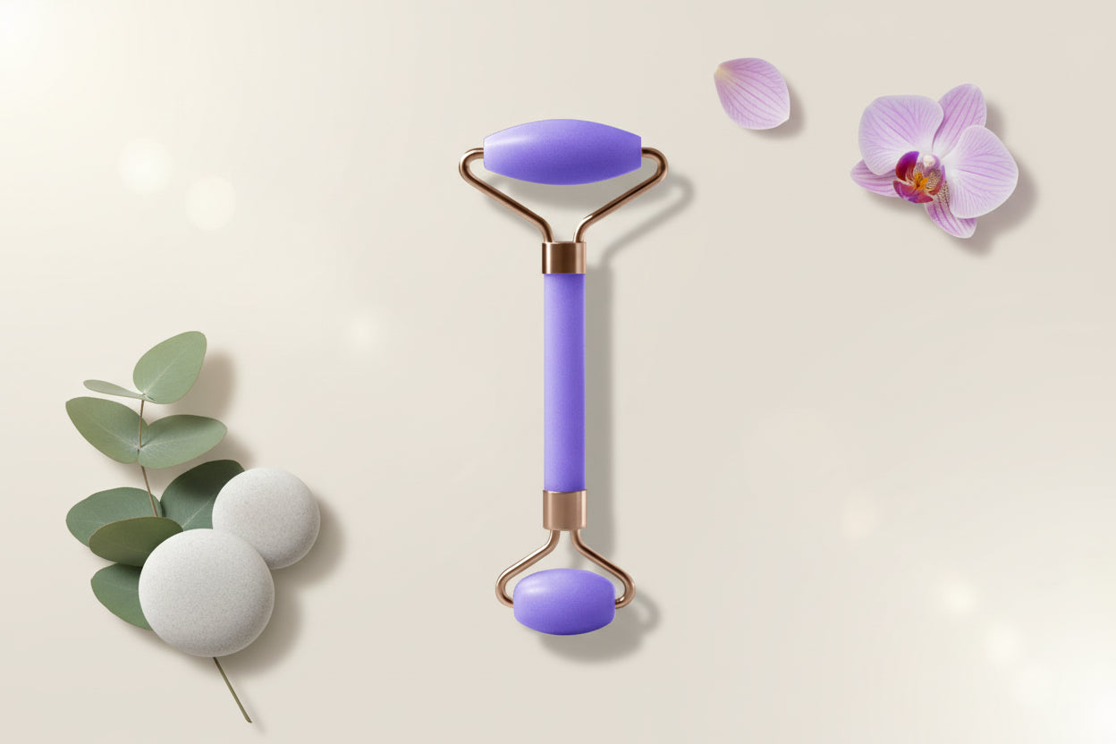 Purple facial roller with gold accents on a white background