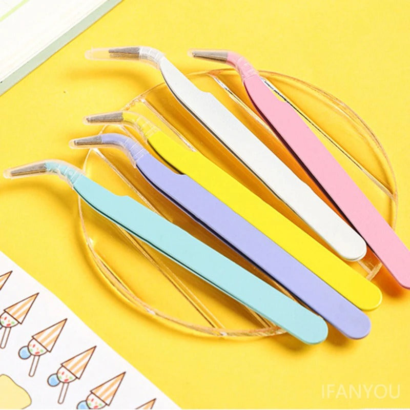 Stainless Steel Straight Curved Tweezers Colorful Pink Blue Purple DIY Eyelash Tweezer
