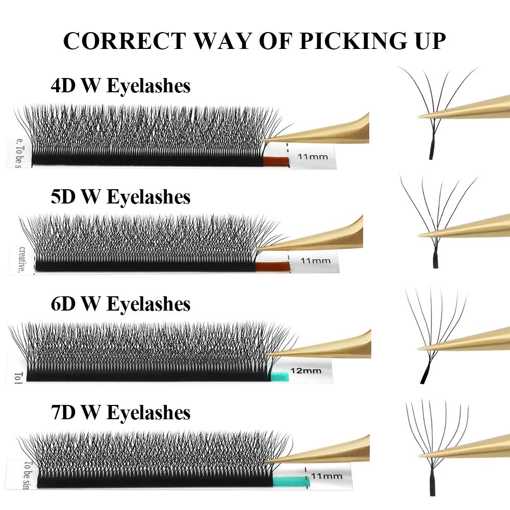 Illustration showing the correct way to pick up different thicknesses of eyelashes.