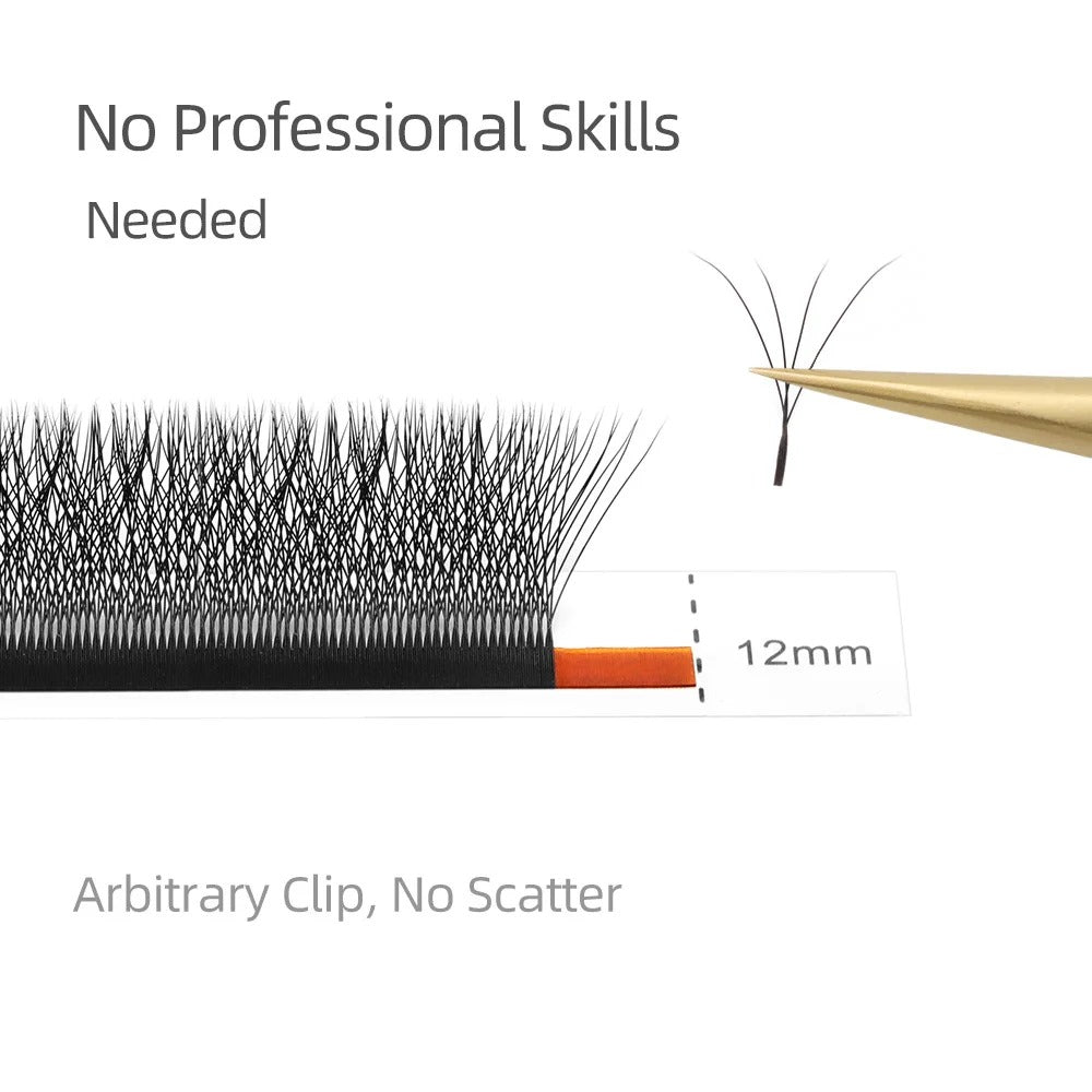 Illustration of false eyelashes with a 12mm measurement and text indicating no professional skills are needed.