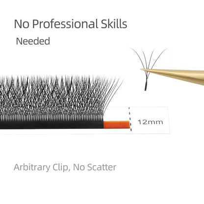 Illustration of false eyelashes with a 12mm measurement and text indicating no professional skills are needed.