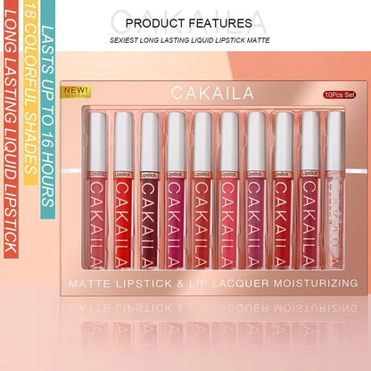 CAKAILA 10pcs/set Nude Lip Gloss Matte Velvet Lipstick Waterproof Long-lasting Liquid Lipstick