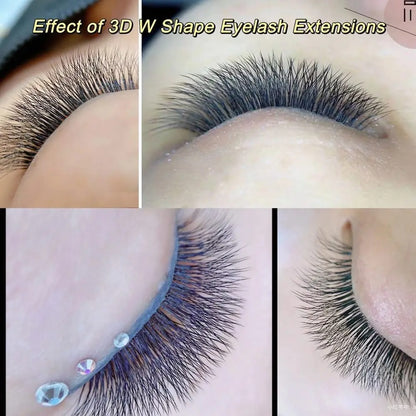 Collage of 3D eyelash extensions with close-up details on a person's eye.