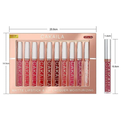 CAKAILA 10pcs/set Nude Lip Gloss Matte Velvet Lipstick Waterproof Long-lasting Liquid Lipstick