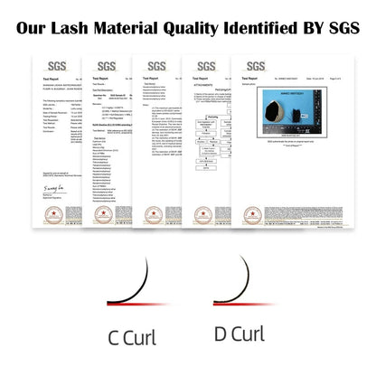 SGS certification for lash material quality with C Curl and D Curl illustrations.