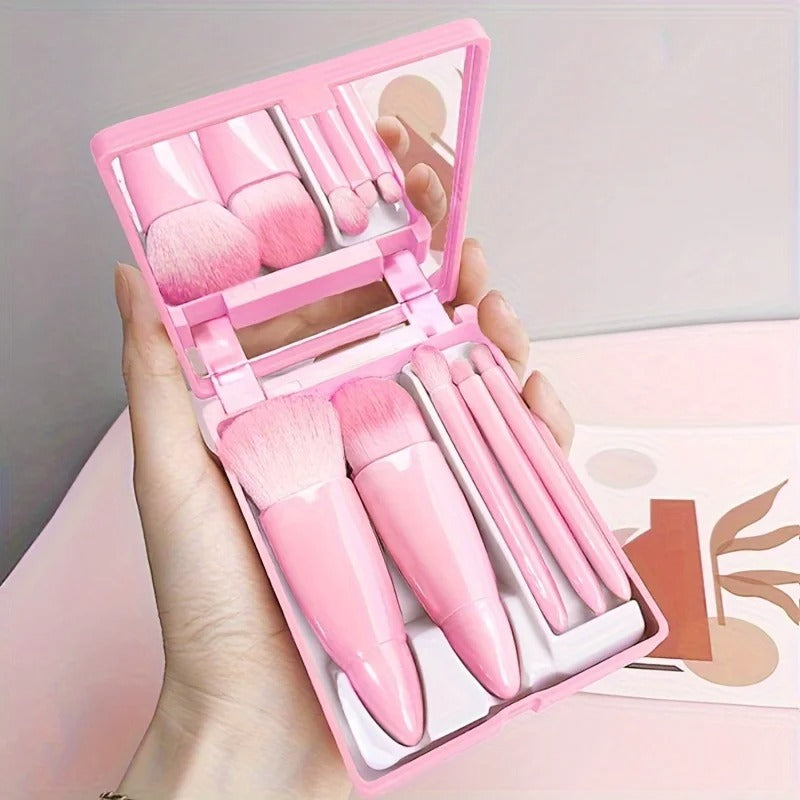 Portable Makeup Brush Set With Mirror 5pcs
