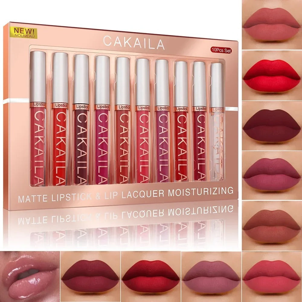 CAKAILA 10pcs/set Nude Lip Gloss Matte Velvet Lipstick Waterproof Long-lasting Liquid Lipstick